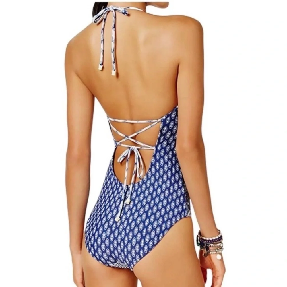 Jessica Simpson Bondi One-Piece Swimsuit Size L Blue & White Tie-Dye Boho - Picture 2 of 15